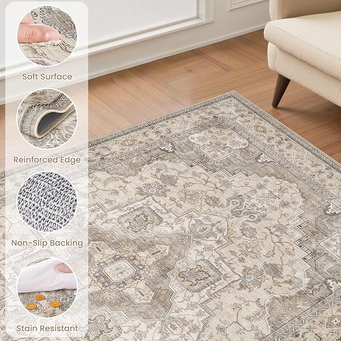 EIEIHOUSE Washable Area Rugs for Living Room - 8x10 Neutral Vintage Distressed Floral Farmhouse Boho Large Soft Floor Rug Indoor Non Slip Carpet for Bedroom Dining Room Office - Brown/Multi