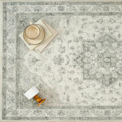 PureCozy Green Area Rug 8x10 Washable Living Room Carpet Vintage Non Slip Soft Bedroom Indoor Office Retro Low Pile Thin Oriental Medallion Large Rug for Dining Room Playroom