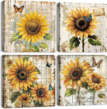 Sunflower Wall Art Farmhouse Sunflower Pictures Kitchen Wall Decor Butterfly Flowers Canvas Posters Prints for Living Room Rustic Botanical Paintings Vintage Artwork Home Decorations 12x12” 4Pcs