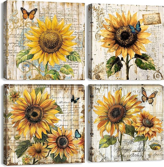 Sunflower Wall Art Farmhouse Sunflower Pictures Kitchen Wall Decor Butterfly Flowers Canvas Posters Prints for Living Room Rustic Botanical Paintings Vintage Artwork Home Decorations 12x12” 4Pcs
