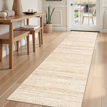 Miukiki 2x10 Runner Rug Moroccan Washable Hallway Runner Rug Non Slip Indoor Floor Kitchen Rug Foldable Carpet for Bathroom Laundry Room with Low Pile(Beige,2'x10')