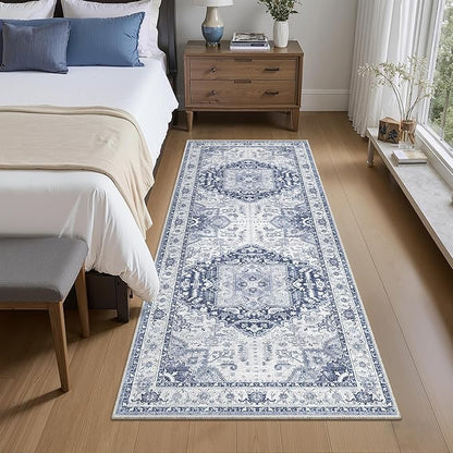 2x5 Washble Hallway Runner Rug - Vintage Non Slip Rugs for Entryway Ultra Soft Stain Resistant Distressed Indoor Low Pile Mat Waterproof Carpet for Living Room Bedroom Laundry Navy/Blue