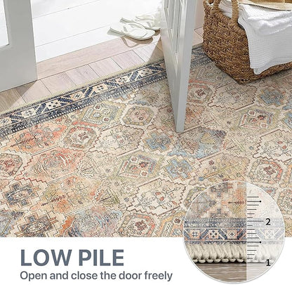Bavni Washable Rug 5x7 Area Rug for Living Room Bedroom Dining, Washable Vintage Print Carpet, Ultra-Thin Low Pile Lightweight Rug with Non Slip Backing, Multi Beige