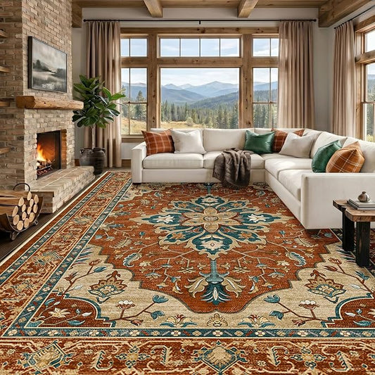 RELEANY Area Rugs 10'x12' Washable Non-Slip, Floral Vintage Distress Print Pattern Medallion Carpet for Living Room Bedroom Dining Room, Red Orange Blue Brown