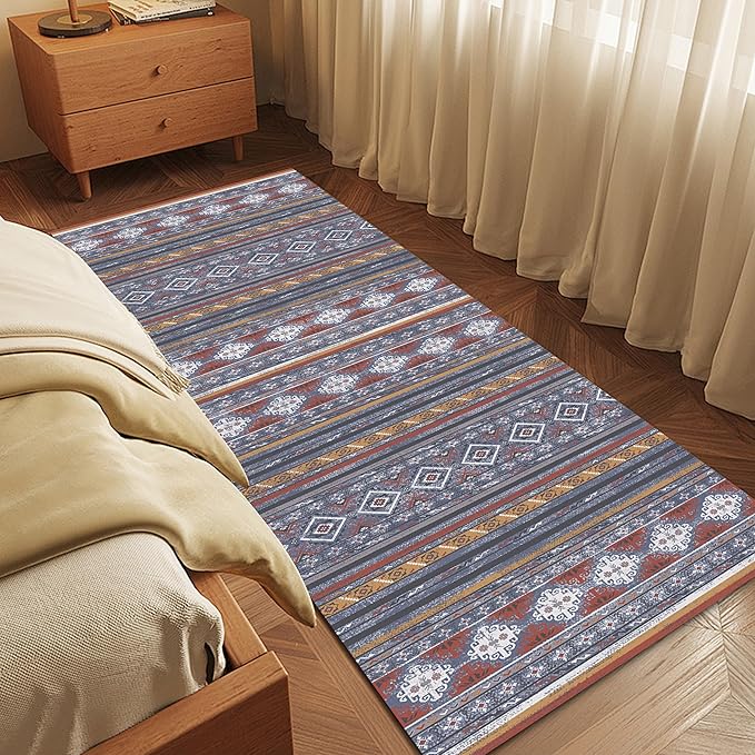 RUGSURE Washable Area Rugs 2'6'' x 8' - 1/6 Thick - Moroccan-Inspired -Stain & Water Resistant Non-Slip - Resistant Rug for Living Room, Bedroom, Nursery, Pet & Child Friendly (Blue and Red)