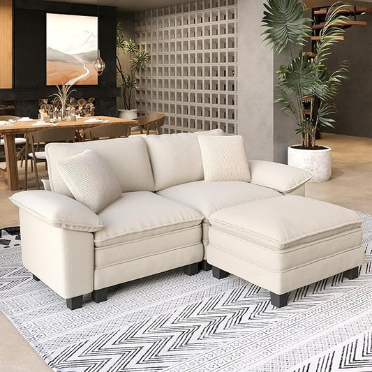 SUNSHINE VALLEY Sectional Loveseat with Ottoman, 87.5'' Oversized Chenille Love Seat Modular Sofa Couch with Pillow, 3-Seat Modern L Shaped Cloud Deep Seat for Bedroom Small Space, Beige