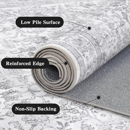 2'6"x8' Gray Runner Rug Hallway Non Slip Washable Area Rugs Kitchen Soft Vintage Boho Long Rug Distressed Floral Carpet Indoor Low Pile Throw Rug for Bedroom Bathroom Laundry Dining Living Room Office