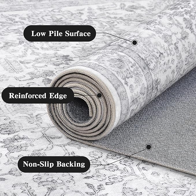 6x9 Gray Washable Area Rugs for Living Room Non Slip Low Pile Vintage Boho Throw Rug Soft Retro Distressed Floral Large Carpet Indoor Farmhouse Decor for Bedroom Dining Room Office Kitchen Playroom