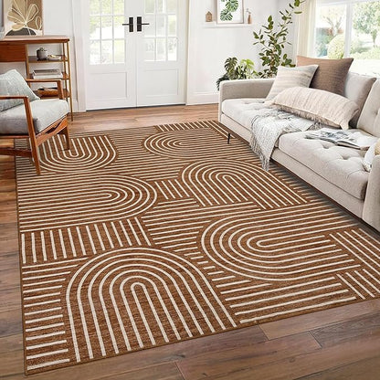 ROYHOME Washable Rug 8x10 Area Rugs for Living Room, Abstract Rug for Bedroom, Soft Rainbow Non Slip Throw Rugs With Rubber Back, Low Pile Stain Resistant Boho Geometric Carpet for Dining Room, Copper