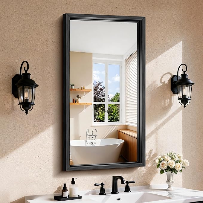 CIRCUMI 20"x40" Brushed Black Mirror with Chunky Box Metal Frame, Bathroom Mirror for Vanity Remodel & New Home, Living Room, Entryway, Rectangular Wall Mirror, Tempered Glass, Vertical or Horizontal