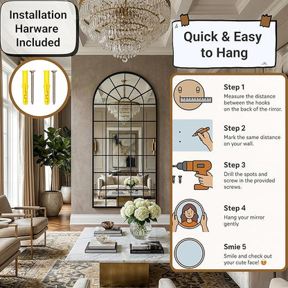 70x30Inch Large Arched Window Pane Mirror| Black Arched Mirrors for Wall & Floor | Arch Mirror Full Length for Entryway Living Room & Bedroom | Oversized Mirrors | Wall Art Decorative |Farmhouse Décor