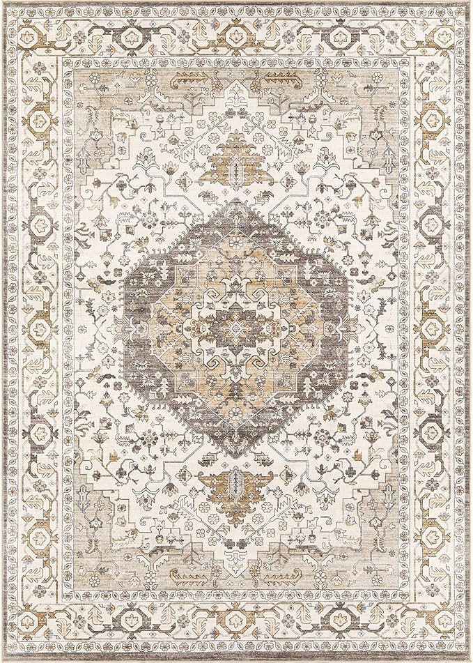 Area Rug for Living Room - 8x10 Soft Washable Oriental Vintage Floral Distressed Large Carpet - Fade Stain Resistant Non Slip Rugs for Bedroom Dining Room Nursery Dorm Office Home Decor-Camel/Beige