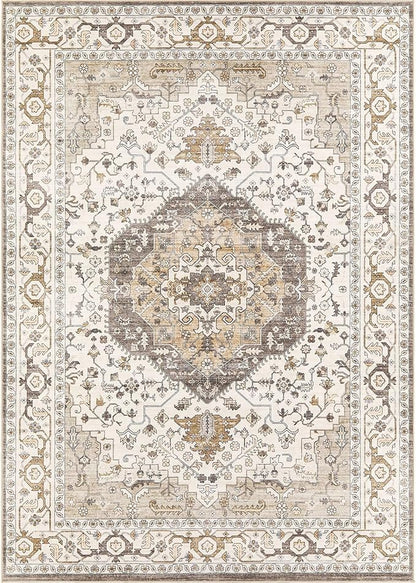 Area Rug for Living Room - 6x9 Soft Washable Oriental Vintage Floral Distressed Large Carpet - Fade Stain Resistant Non Slip Rugs for Bedroom Dining Room Nursery Dorm Office Home Decor-Camel/Beige