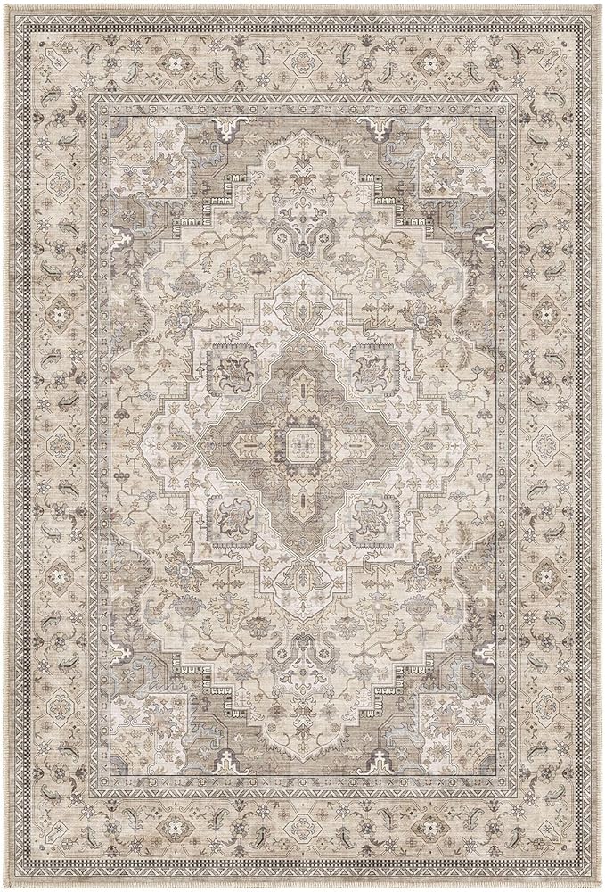EIEIHOUSE Washable Area Rugs for Living Room -2x3 Neutral Vintage Distressed Floral Farmhouse Boho Large Soft Floor Rug Indoor Non Slip Carpet for Bedroom Dining Room Office - Brown/Multi