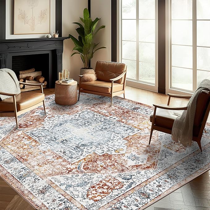 CHAMPLANT Area Rug 8x10 Washable Rug Tangerine Vintage Traditional Mat Distressed Indoor Foldable Thin Retro Accent Floral Print Rug Non Slip Carpet Living Room Dining Room Office