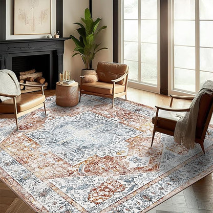 CHAMPLANT Area Rug 8x10 Washable Rug Tangerine Vintage Traditional Mat Distressed Indoor Foldable Thin Retro Accent Floral Print Rug Non Slip Carpet Living Room Dining Room Office