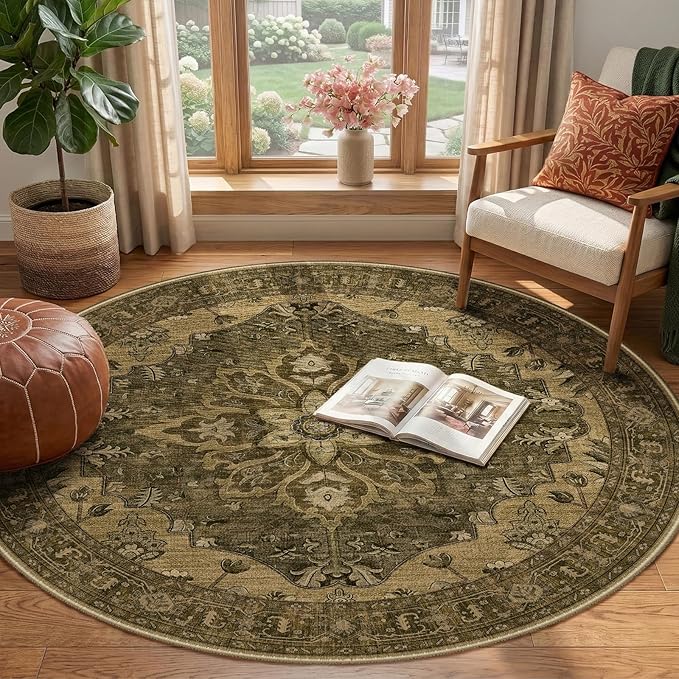 RELEANY Area Rugs Round 4ft Washable Non-Slip, Floral Vintage Distress Print Pattern Medallion Carpet for Living Room Bedroom Dining Room, Brown Dark Brown