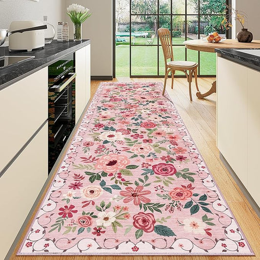 DUKINO 3x10 Runner Rug for Hallway, Washable Kitchen Floral Runner Rug with Non Slip Backing, Low Pile Soft Boho Carpet for Kitchen, Hallway, Entryway, Laundry, Bedroom, Pink