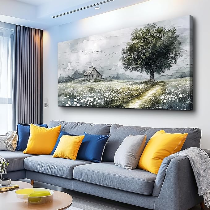 ERQINHUA Gray Canvas Wall Art For Living Room Farmhouse Wall Decor For Bedroom Office Decorations Field scenery Paintings Tree Landscape Wall Pictures Artwork Ready to Hang for Home Decor 20"X40"