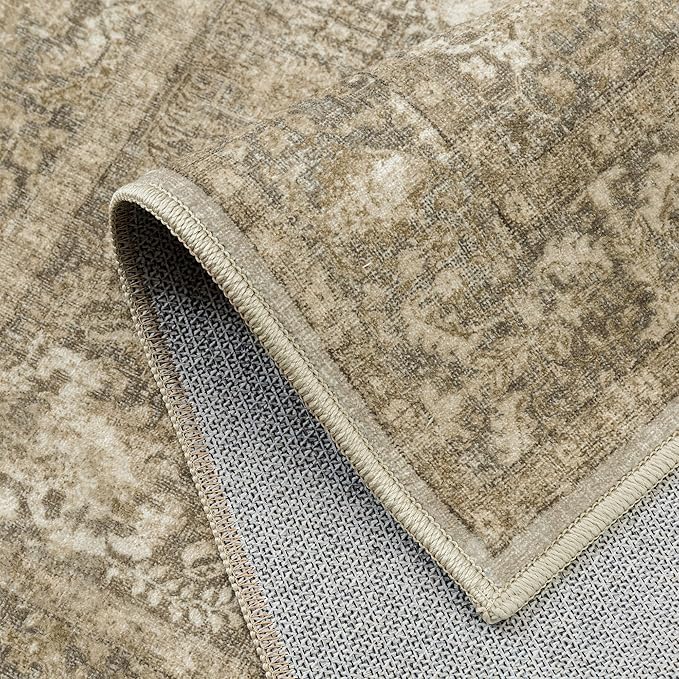 PureCozy Brown Area Rug 6x9 Machine Washable Vintage Living Room Distressed Non Slip Carpet Traditional Indoor Bedroom Retro Floral Accent Throw Large Rug for Office Kitchen Dining Room