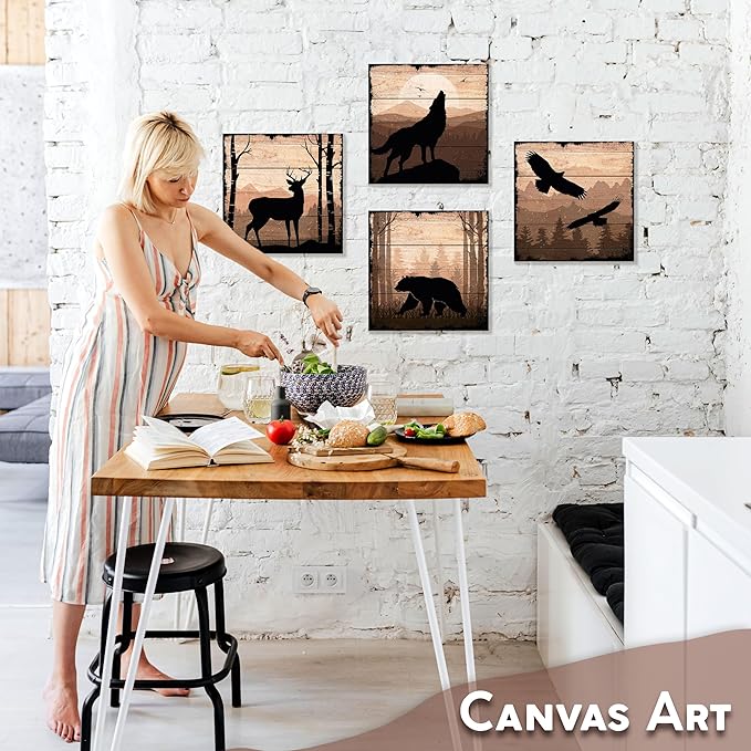 DIMARONGTON Wild Animal Canvas Wall Art Set of 4, 12x12 Inch Nature Canvas Art, Rustic Cabin Decor, Wildlife Prints Deer, Bear, Wolf Animal Wall Decor