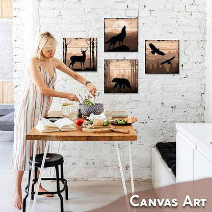 DIMARONGTON Wild Animal Canvas Wall Art Set of 4, 12x12 Inch Nature Canvas Art, Rustic Cabin Decor, Wildlife Prints Deer, Bear, Wolf Animal Wall Decor