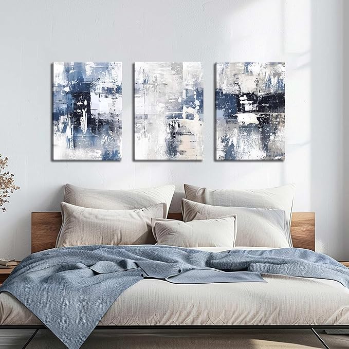 Abstract Blue and White Wall Art Set of 3, Modern Simple Navy Framed Canvas Prints Poster, Gray Painting Picture for Living Room, Bedroom, Office Wall Decor 12x16 Inch