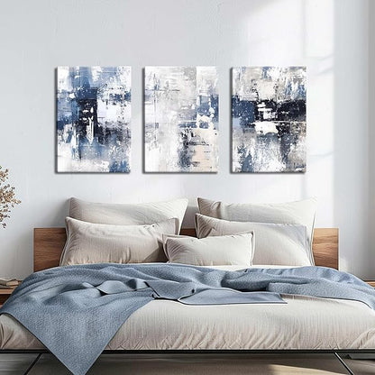 Abstract Blue and White Wall Art Set of 3, Modern Simple Navy Framed Canvas Prints Poster, Gray Painting Picture for Living Room, Bedroom, Office Wall Decor 16x24 Inch