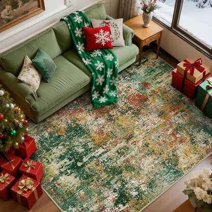 RELEANY Washable Area Rugs 6'x9' Non-Slip Modern Abstract Soft for Living Room Entryway Bedroom Nursery, Print Pattern, Green Orange Rust Red Cream Colorful