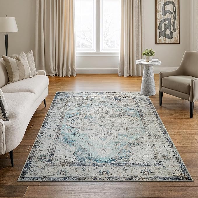 Bloom Rugs Washable Non-Slip 5' x 7' Rug - Beige/Blue Traditional Area Rug for Living Room, Bedroom, Dining Room, and Kitchen - Exact Size: 5' x 7'