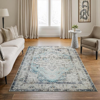 Bloom Rugs Washable Non-Slip 4' x 6' Rug - Beige/Blue Traditional Area Rug for Living Room, Bedroom, Dining Room, and Kitchen - Exact Size: 4' x 6'