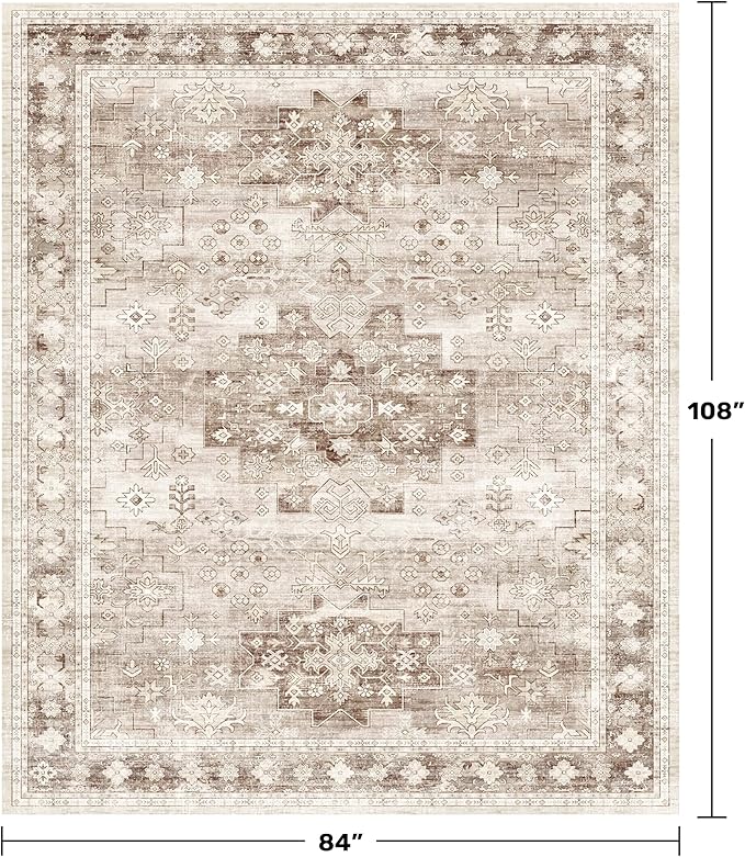 Boho 7x9 Area Rug for Living Room - Washable Beige Dining Room Rug Under the Table, Low Pile Non-Slip Rugs for Bedroom, Office - Charming Geometric Decor & Stain Resistance (7x9 Beige/Latte)