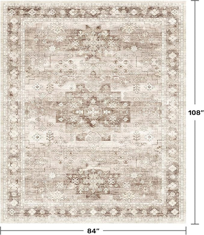Boho 7x9 Area Rug for Living Room - Washable Beige Dining Room Rug Under the Table, Low Pile Non-Slip Rugs for Bedroom, Office - Charming Geometric Decor & Stain Resistance (7x9 Beige/Latte)