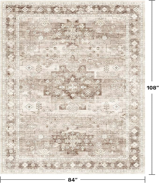 Boho 7x9 Area Rug for Living Room - Washable Beige Dining Room Rug Under the Table, Low Pile Non-Slip Rugs for Bedroom, Office - Charming Geometric Decor & Stain Resistance (7x9 Beige/Latte)