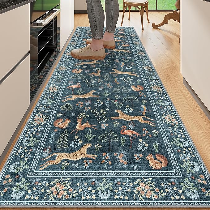 DUKINO 2x6 Rug for Hallway, Washable Kitchen Runner Rug with Non Slip Backing, Soft Low Pile Vintage Animal Runner for Bedroom, Kitchen, Hallway, Entryway, Laundry, Blue
