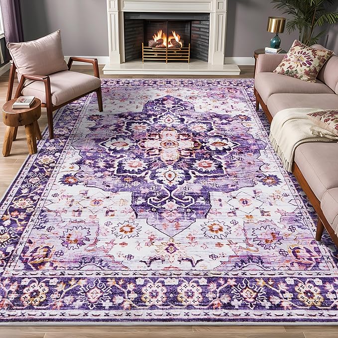 4x6 Area Rugs for Living Room, Machine Washable Vintage Rug, Non-Slip Low Pile Throw Rugs with Rubber Backing Washable Carpet for Bedroom Dining Room Kitchen Home Decor, Purple