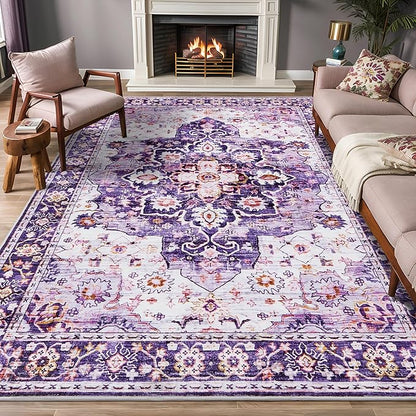 4x6 Area Rugs for Living Room, Machine Washable Vintage Rug, Non-Slip Low Pile Throw Rugs with Rubber Backing Washable Carpet for Bedroom Dining Room Kitchen Home Decor, Purple