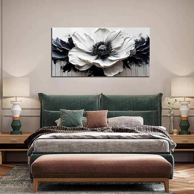 HUBOSKN Flower Canvas Wall Decor Living Room - Black and White Pictures Wall Art for Bedroom Women - Fashion Art Wall Decor Office Size 24" x 48"