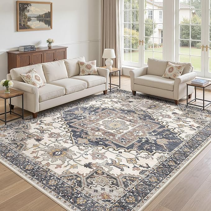 8x11 Washable Area Rugs for Living Room: Non Slip Vintage Blue Beige Rug, Large Soft Stain Resistant Indoor Floor Carpets for Bedroom Dining Room Nursery Home Office Kid & Pet Friendly