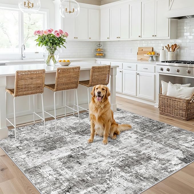 ZHXXUJ Washable 6x6 Square Area Rug – Non Slip Modern Abstract for Kitchen Dining Room Living Room – Low Pile Thin Soft Indoor Rug (Grey)
