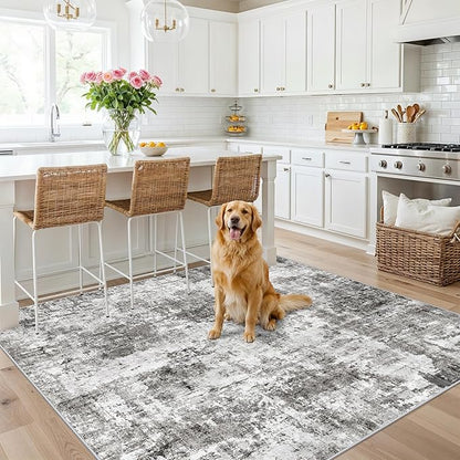 ZHXXUJ Washable 6x6 Square Area Rug – Non Slip Modern Abstract for Kitchen Dining Room Living Room – Low Pile Thin Soft Indoor Rug (Grey)