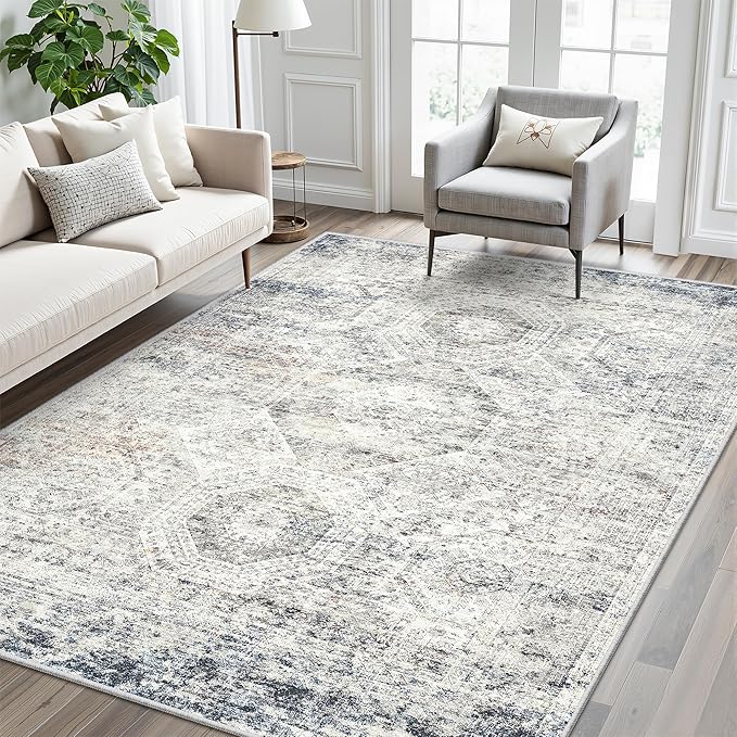 Soalmost 5x8 Area Rugs Blue Ivory Low Pile Indoor Washable Trendy Faded Style Rugs for Bedroom Living Room Dining Room Foldable Non-Slip Thin Print Home Office Mat