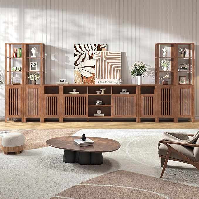 BVIUNTWO Farmhouse TV Stand for 100 inch TVs, Entertainment Center with Bookshelves, 8 Door Media Console with Adjustable Shelves, Storage Cabinet for Living Room Bedroom Home Theater, Rustic Brown