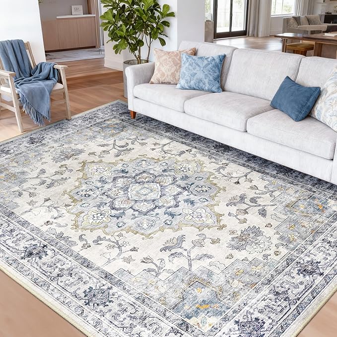 CAPALOCA Machine Washable Rugs Nursery Rug 9x12 Area Rugs Girl Non Slip Low Pile Water Repellent Soft Print Pattern for Bedroom Indoor Decor Kids Playroom Blue White