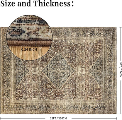 Washable 9x12 Area Rug: Vintage Brown Rugs for Living Room Bedroom Dining Room Office Indoor - Soft Non-Slip Large Carpet Home Decor - Oriental Dark Brown