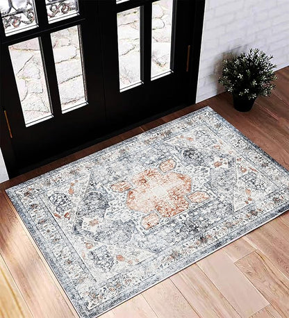 CHAMPLANT Area Rug 2x3 Washable Rug Door Mat Vintage Distressed Doormat Indoor Entrance Traditional Thin Floral Print Non Slip Carpet for Kitchen Bathroom Bedroom Living Room