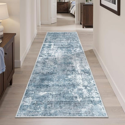 Soalmost Runner Rug 2'x6' Abstract Washable Non-Slip Runner Rugs for Kitchen Bathroom Laundry Room Blue Vintage Floor Carpet Runners for Hallway Entryway