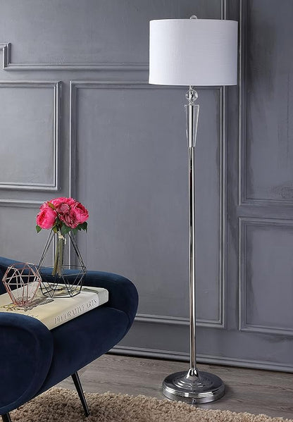 JONATHAN Y 59.5" Crystal and Chrome LED Floor Lamp, Modern Glam Column Standing Lamp with White Linen Drum Shade for Living Room, Bedroom, LED Bulb Included, UL Listed JYL2022A
