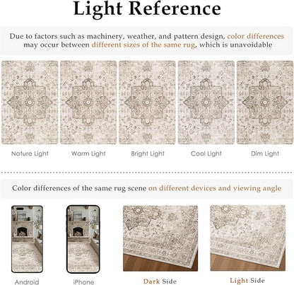 PureCozy Taupe Area Rug 3x4 Washable Vintage Carpet for Office Kitchen Non Slip Retro Distressed Door Mat Low Pile Soft Oriental Medallion Thin Small Throw Rug Entryway Bedroom Bathroom Dining Room