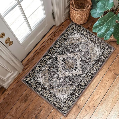 Lessymo 2 x 3 Entryway Rug, Machine Washable Area Rugs Boho Faux Wool Low Pile Area Rug for Bedroom, Floral Medallion Vintage Outdoor Rugs with Non-Slip Rubber,Black Brown